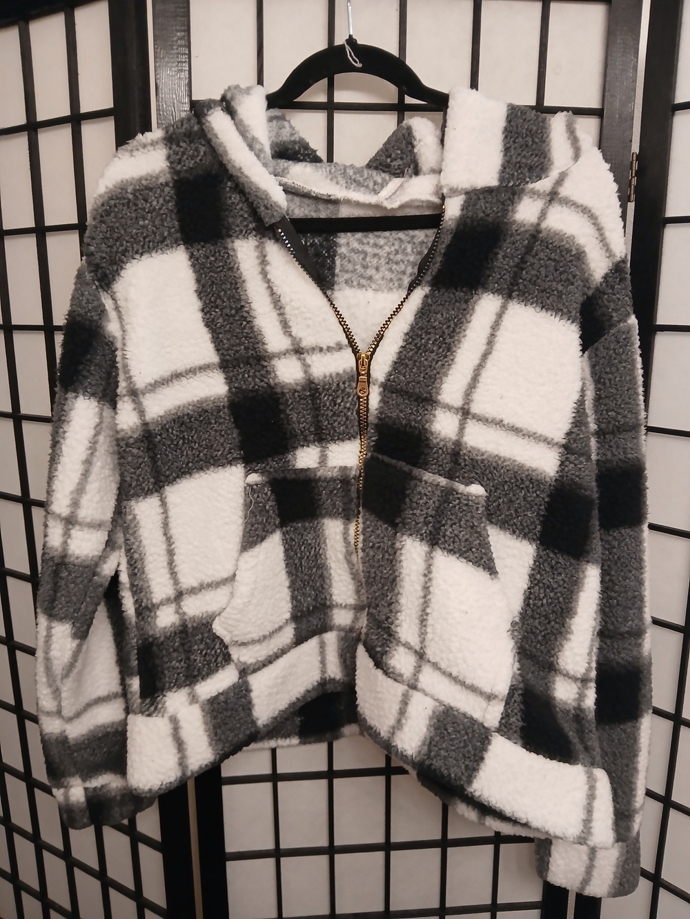 Plush Hooded Zip Jacket - Gray & White Plaid